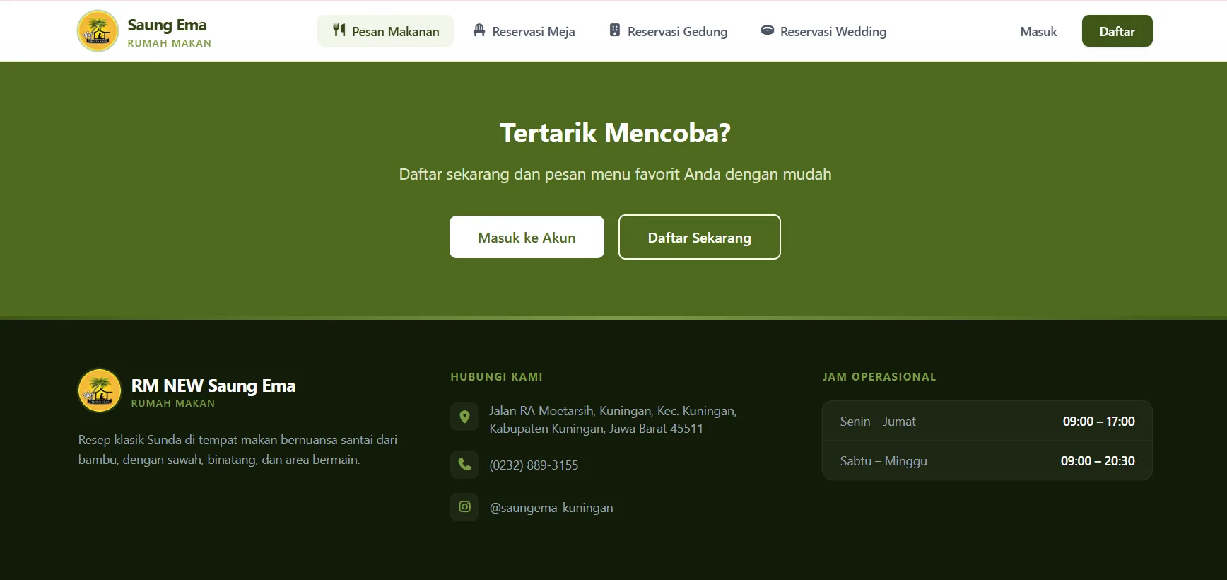 Saung Ema 3 - Halaman pendaftaran dan footer